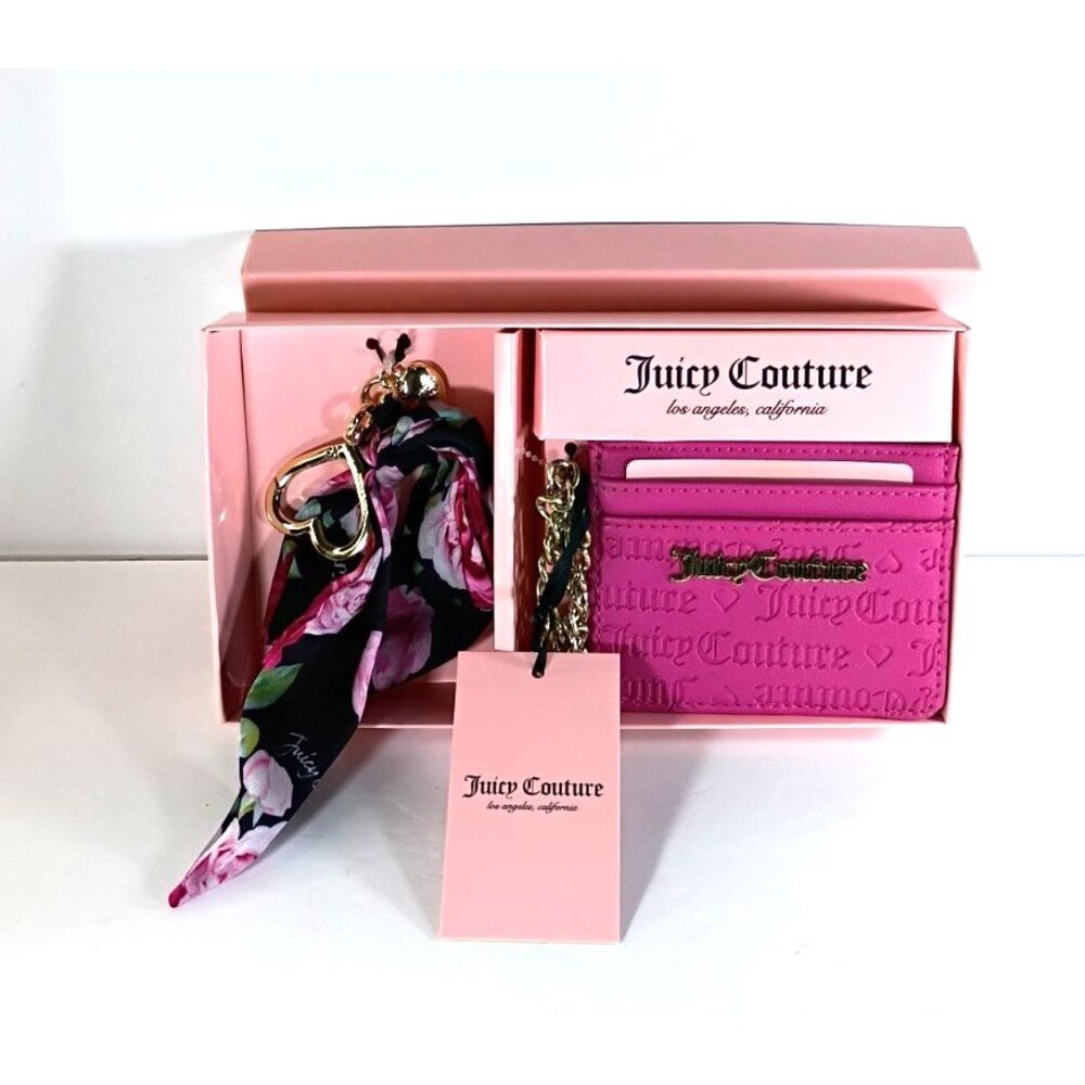 NWT Juicy Couture Hot Pink Card Wallet Key Chain & Scarf Gift Set Open Box - Picture 3 of 16